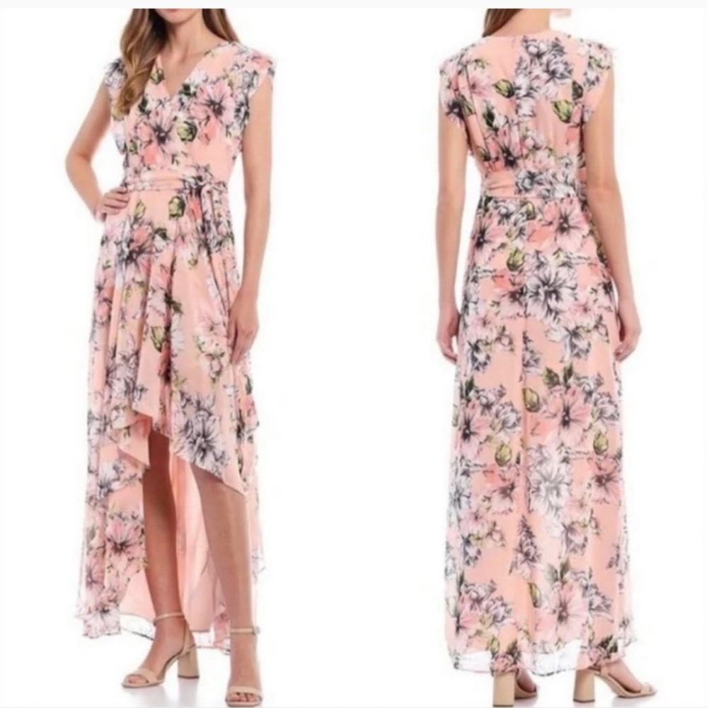 Eliza J Pink Floral High Low Special Occasion Chiffon Dress Sz 8
